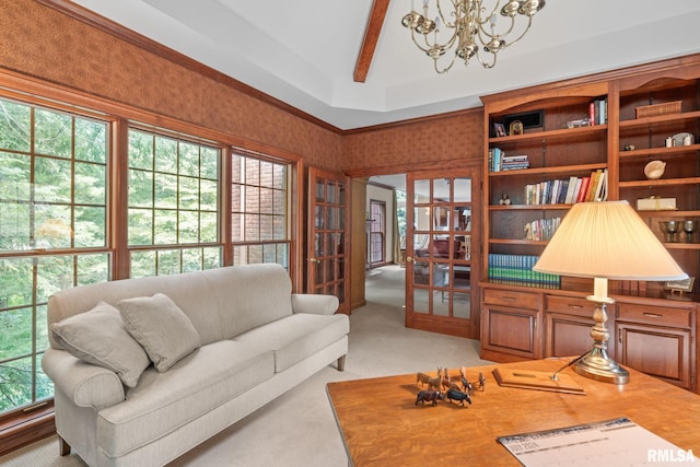 interior space with vaulted ceiling with beams, light colored carpet, french doors, and a chandelier