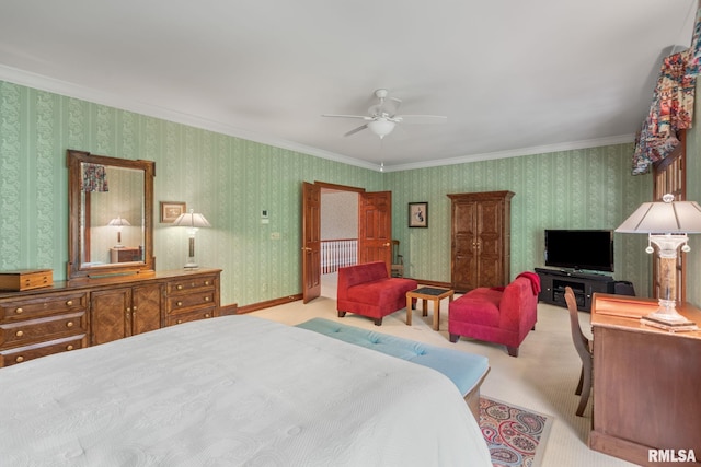 bedroom featuring ceiling fan, crown molding, and light carpet