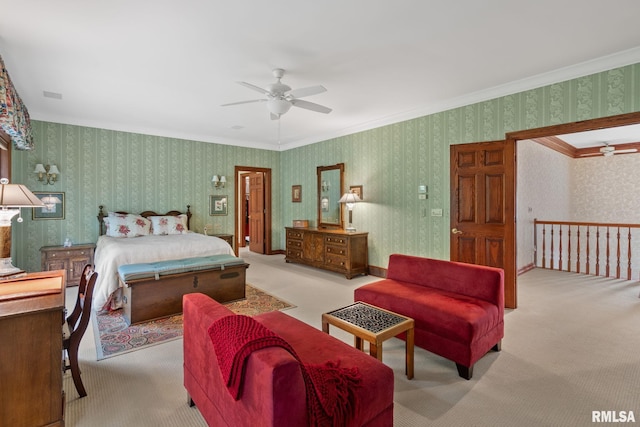 bedroom featuring ceiling fan, light colored carpet, and crown molding