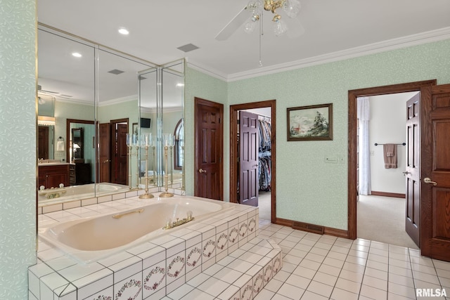 bathroom featuring vanity, tile patterned floors, ceiling fan, and crown molding