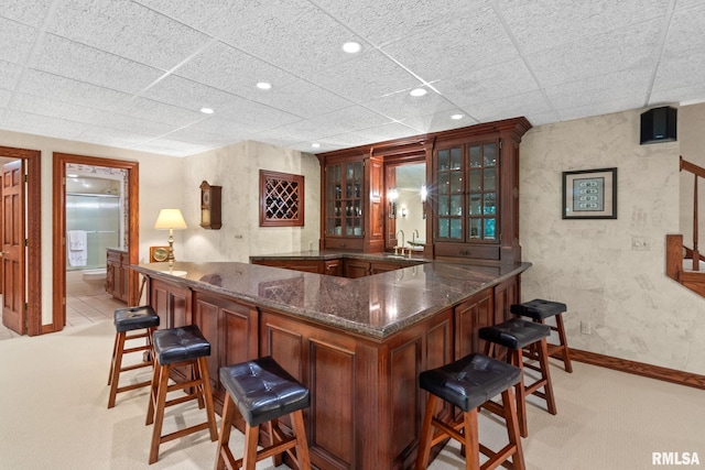 bar with sink and light carpet