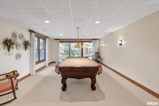 playroom featuring a healthy amount of sunlight, light colored carpet, and billiards