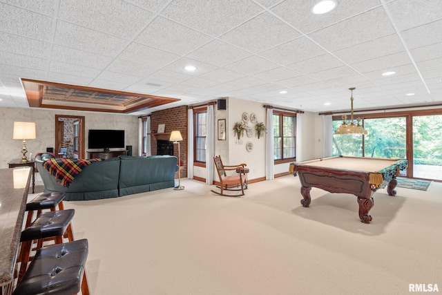 playroom featuring carpet, a paneled ceiling, and pool table