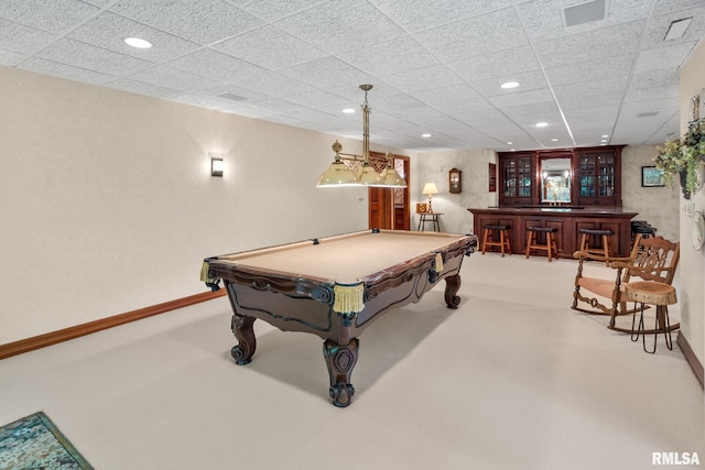 playroom featuring carpet floors, billiards, and indoor bar