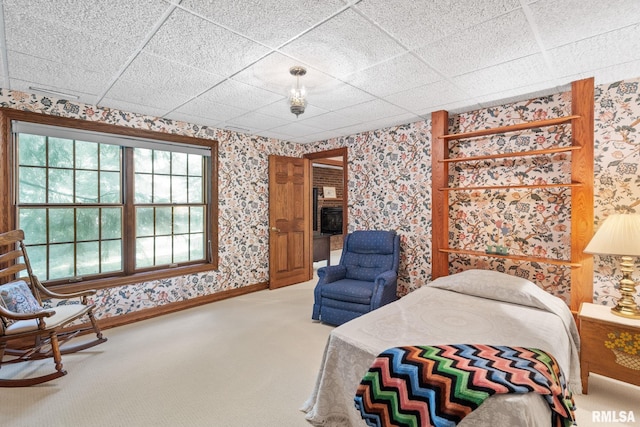 bedroom featuring a paneled ceiling and carpet floors