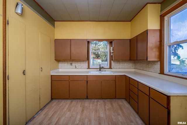 kitchen with decorative backsplash, light wood-type flooring, and sink