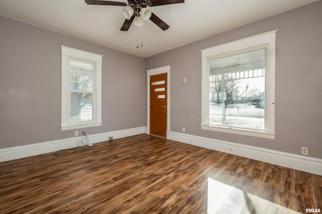 foyer entrance with wood-type flooring and ceiling fan