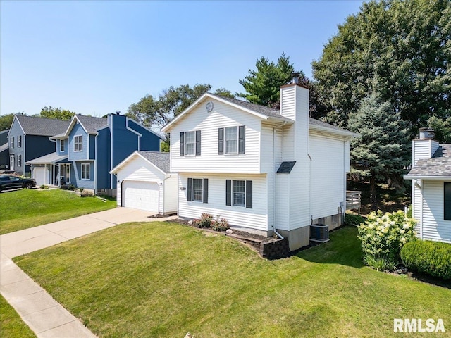 view of front of property featuring central AC unit and a front yard