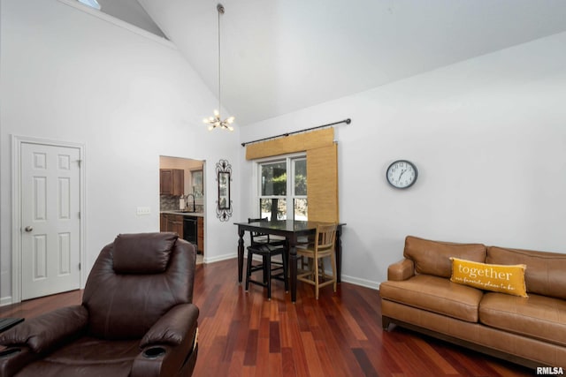 living room featuring high vaulted ceiling, sink, wine cooler, dark hardwood / wood-style flooring, and a chandelier