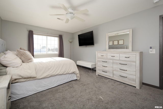 bedroom featuring ceiling fan and dark carpet