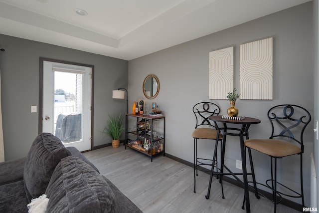 living room with a raised ceiling and light hardwood / wood-style floors