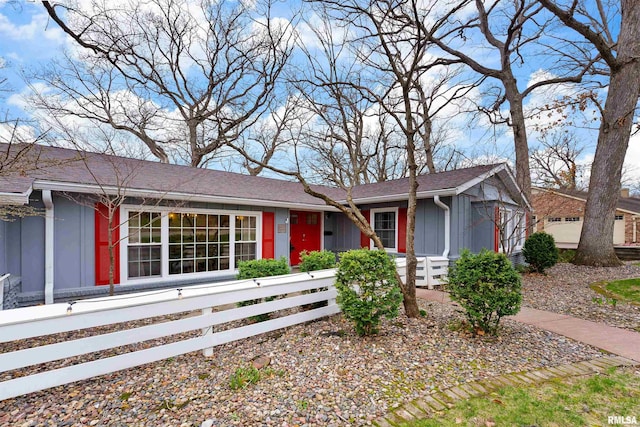 ranch-style house with a fenced front yard