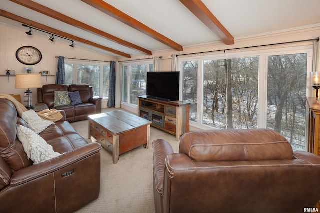 living room with vaulted ceiling with beams