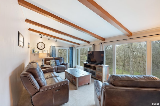 living room featuring light carpet and vaulted ceiling with beams