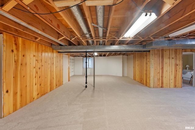finished basement with wood walls and carpet