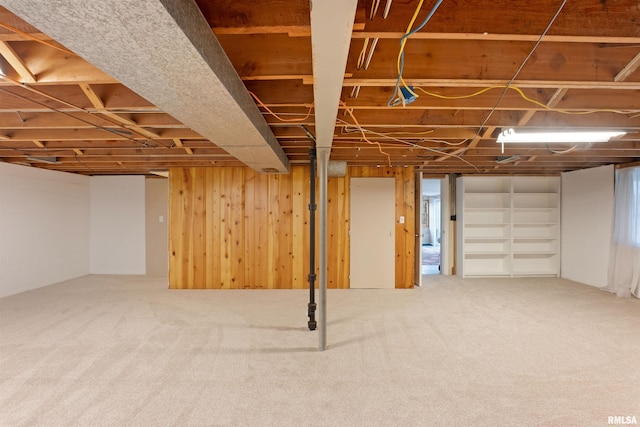 finished below grade area featuring wood walls and carpet flooring
