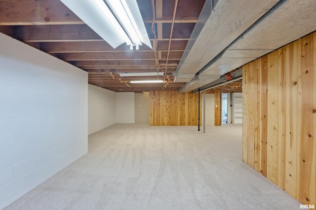 basement featuring carpet flooring and wooden walls