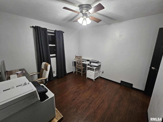 office with ceiling fan and dark hardwood / wood-style flooring