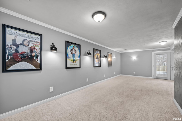 interior space with carpet flooring, a textured ceiling, and crown molding