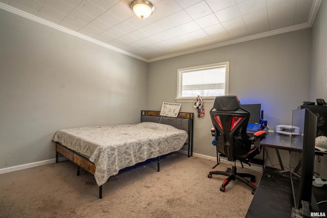 carpeted bedroom with ornamental molding