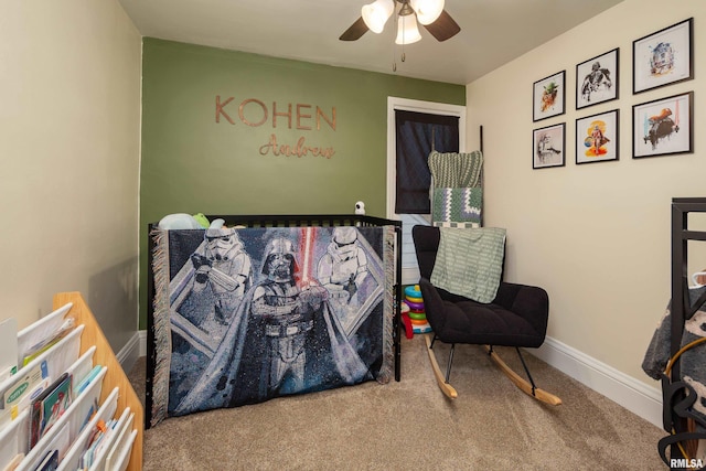 carpeted bedroom featuring ceiling fan