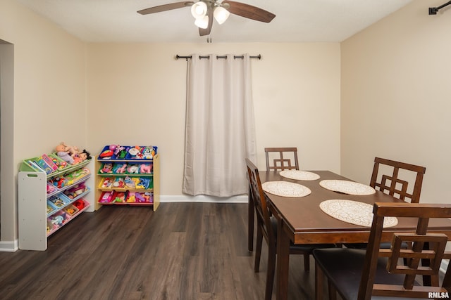 dining area with ceiling fan and dark wood-type flooring