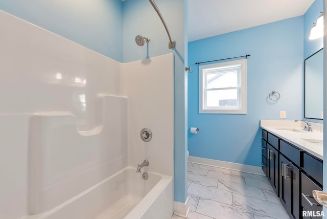 bathroom with vanity and washtub / shower combination