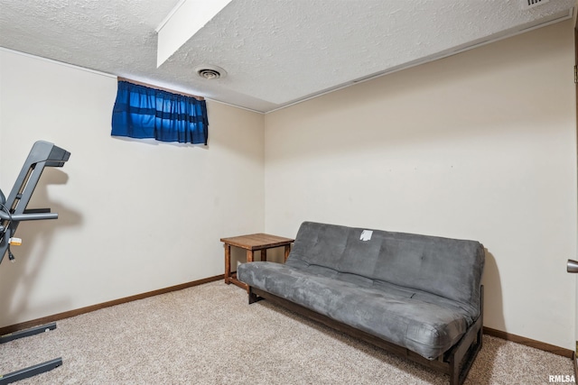 living area featuring a textured ceiling and carpet floors