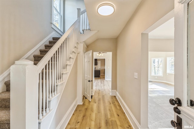 stairs with hardwood / wood-style floors