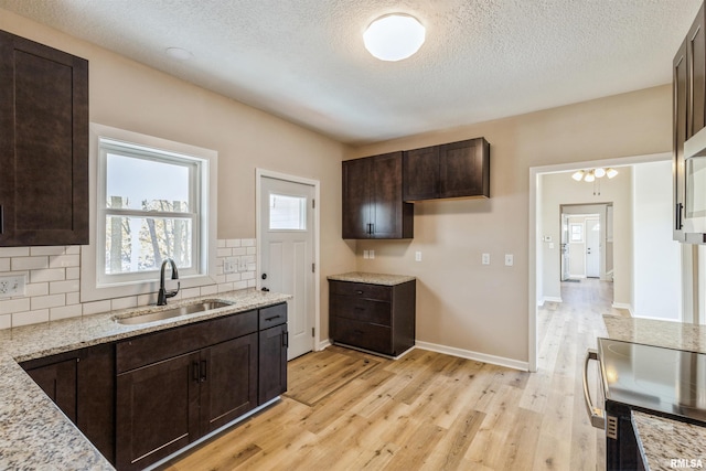 kitchen featuring backsplash, sink, light hardwood / wood-style flooring, light stone counters, and dark brown cabinetry