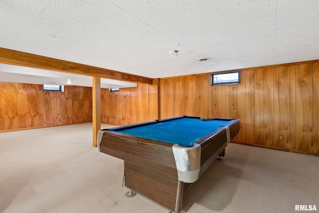 recreation room featuring light colored carpet and billiards