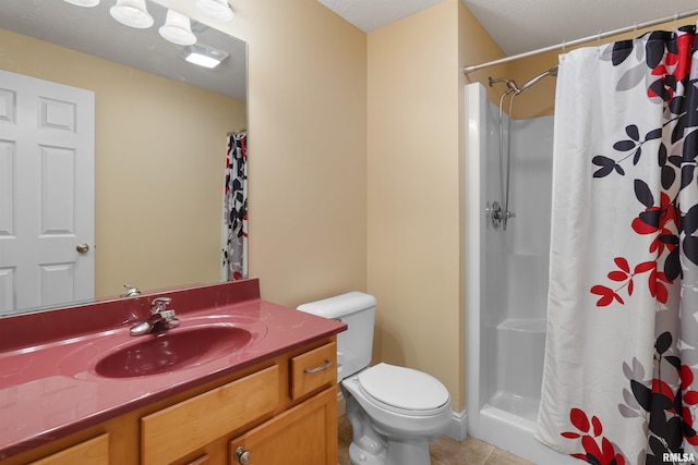 bathroom with toilet, tile patterned flooring, vanity, and a shower with shower curtain