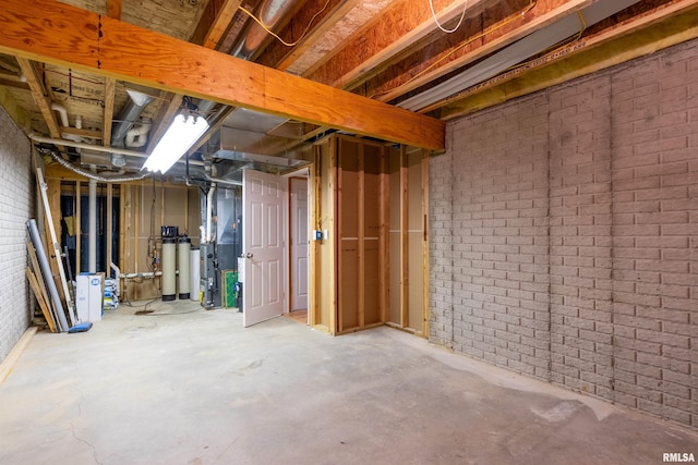 basement with brick wall