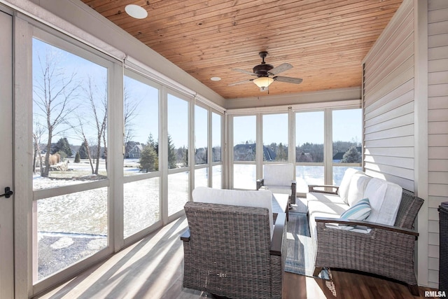 sunroom featuring ceiling fan and wood ceiling