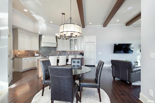 dining room with beam ceiling, dark hardwood / wood-style flooring, wood ceiling, and a notable chandelier