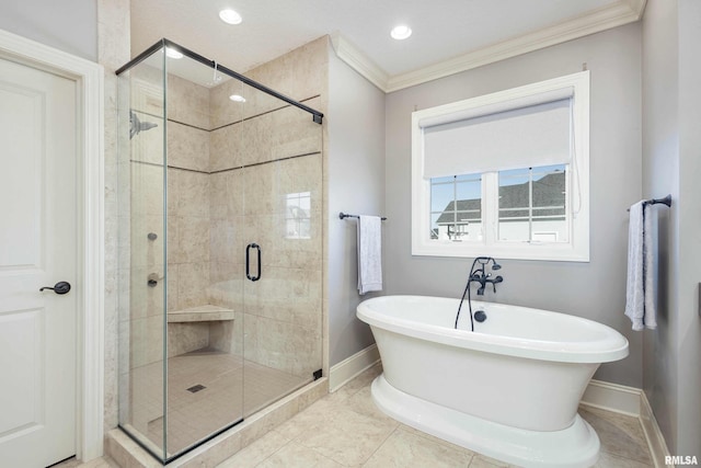 bathroom featuring tile patterned flooring, shower with separate bathtub, and ornamental molding