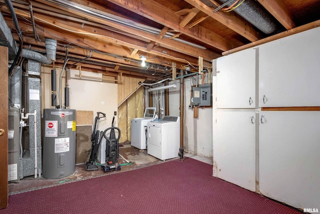 basement with separate washer and dryer, electric water heater, heating unit, and electric panel