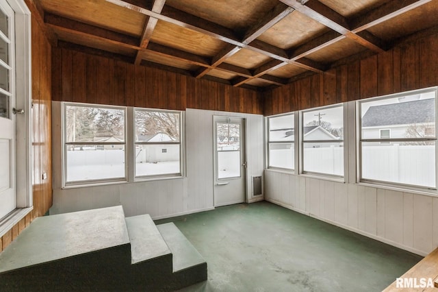 unfurnished sunroom with wood ceiling and coffered ceiling