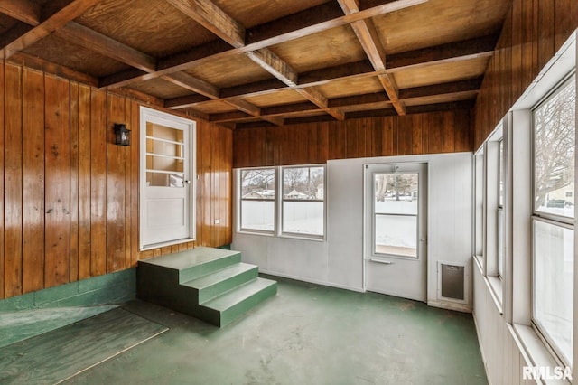 unfurnished sunroom with coffered ceiling