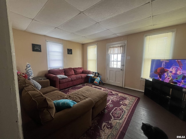 living room featuring a paneled ceiling and dark hardwood / wood-style flooring