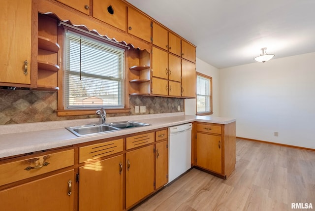 kitchen featuring light hardwood / wood-style floors, kitchen peninsula, decorative backsplash, dishwasher, and sink