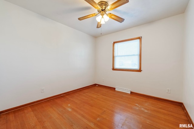 unfurnished room featuring light hardwood / wood-style floors, baseboard heating, and ceiling fan