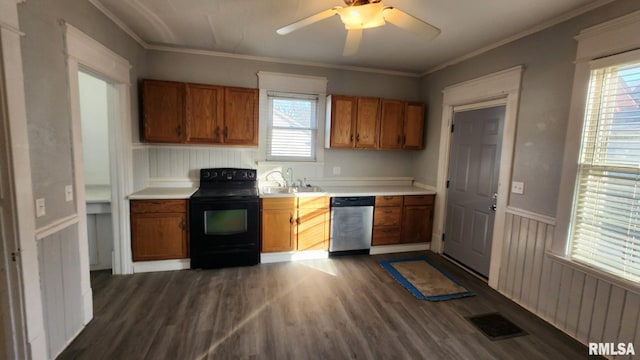 kitchen with ceiling fan, dishwasher, black range with electric cooktop, ornamental molding, and sink