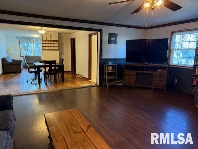 living room with ceiling fan, ornamental molding, and hardwood / wood-style floors