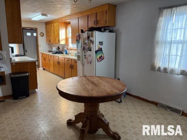 kitchen featuring white fridge with ice dispenser