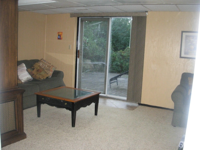 living room featuring expansive windows, light carpet, and a drop ceiling