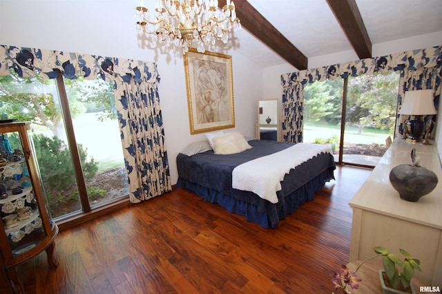 bedroom with dark wood-type flooring, access to exterior, multiple windows, and beamed ceiling