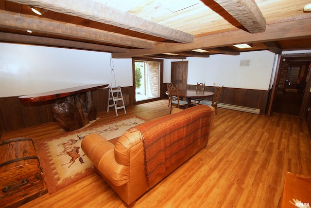 living room featuring baseboard heating, wood ceiling, hardwood / wood-style flooring, and beamed ceiling