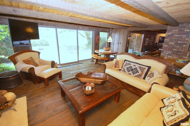 living room with wood ceiling, beam ceiling, wood-type flooring, and wooden walls