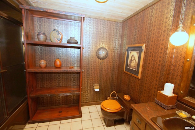 bathroom with vanity, wood ceiling, and tile patterned flooring